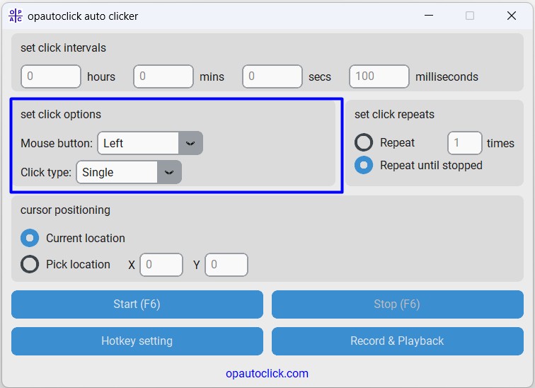 set click options